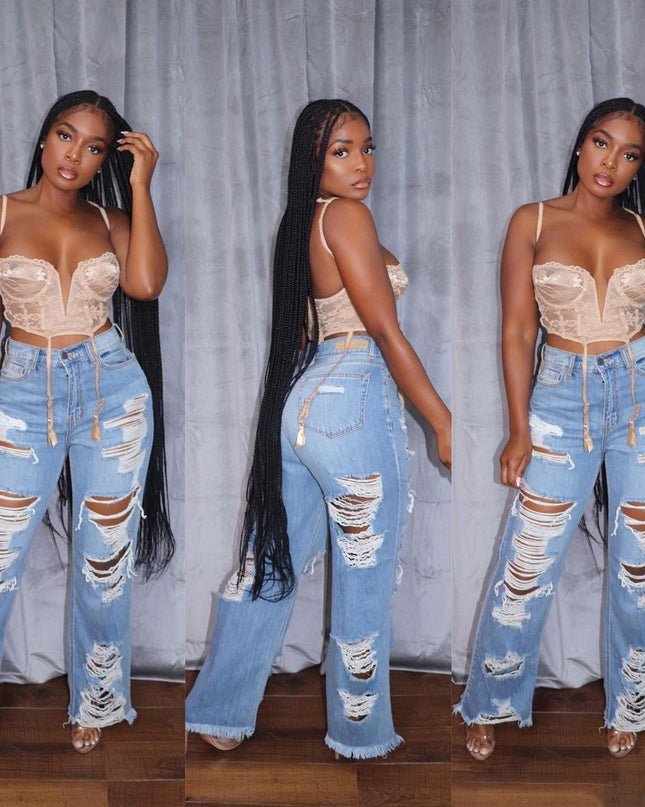 Three views of a person wearing a beige lace top and ripped blue jeans against a gray curtain background.