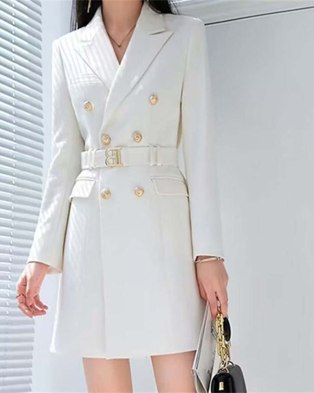 White double-breasted coat with gold buttons and a belt, worn by a person.