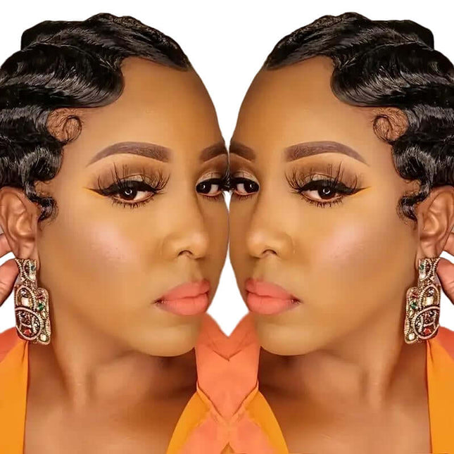 Close-up of a woman with styled hair and earrings against a neutral background