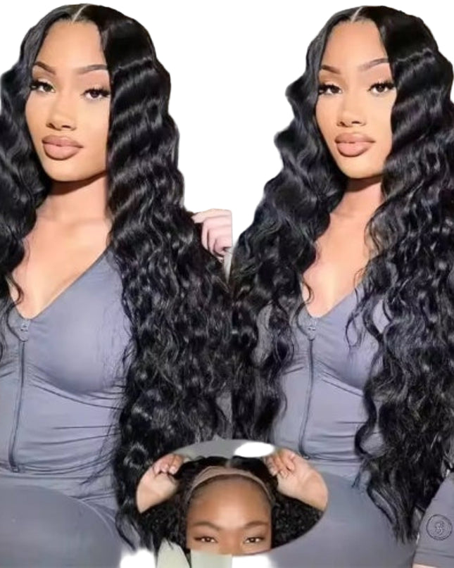 Woman with long black wavy hair wearing a gray outfit, with a smaller inset showing a child.