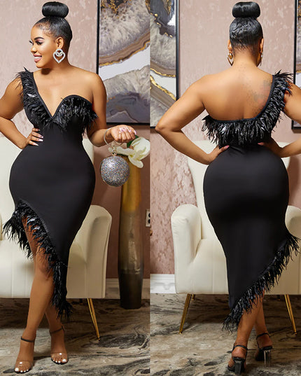 V-neck Sleeveless Chest Feather Irregular Midi Dress
