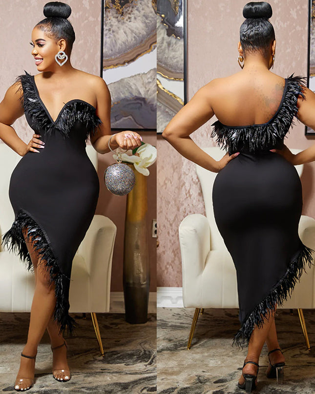 V-neck Sleeveless Chest Feather Irregular Midi Dress