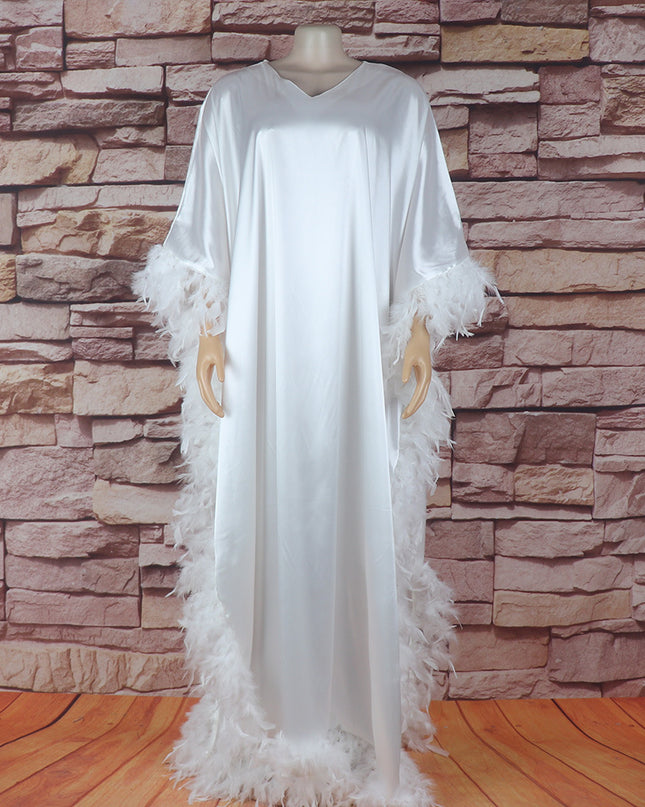 African Women's Loose Dress Luxury Fully Surrounded Light Feather Batwing Sleeve High Slit Robe