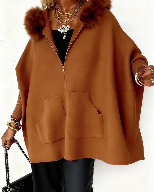 Ins Plush Hooded Cardigan Fashion Warm Pockets Zip-up Knitted Jacket Casual Outerwear Batwing Sleeve Sweater Women's Clothing