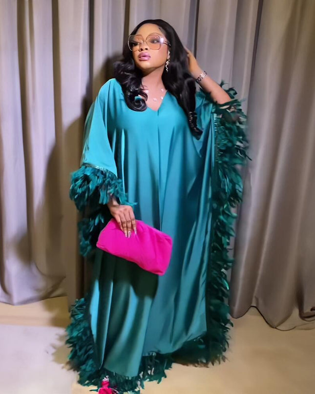 African Women's Loose Dress Luxury Fully Surrounded Light Feather Batwing Sleeve High Slit Robe