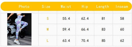 Size chart for leggings with measurements in centimeters