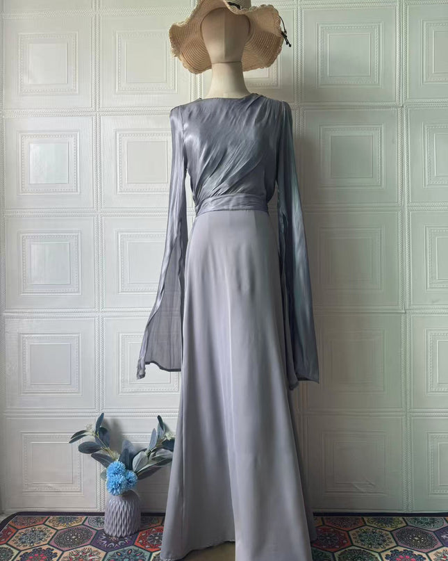 Elegant Summer Sleeve Contrast Chiffon & Satin Maxi Dress With Flared Cuffs - Slim Fit Long Dress For Women