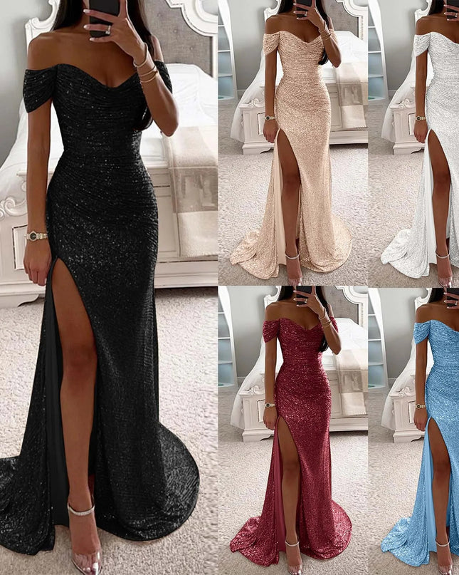 Female Creative Solid Color Sparkling Slit Dress