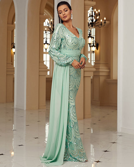 Long Sleeve Sexy Long Sequined V-neck Banquet Ribbon Evening Dress