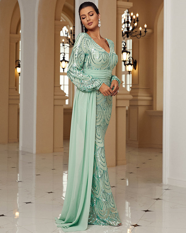 Long Sleeve Sexy Long Sequined V-neck Banquet Ribbon Evening Dress