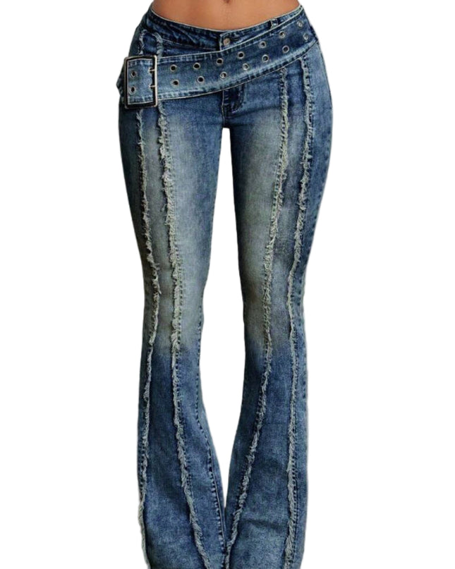 Flared jeans with decorative elements on a plain background