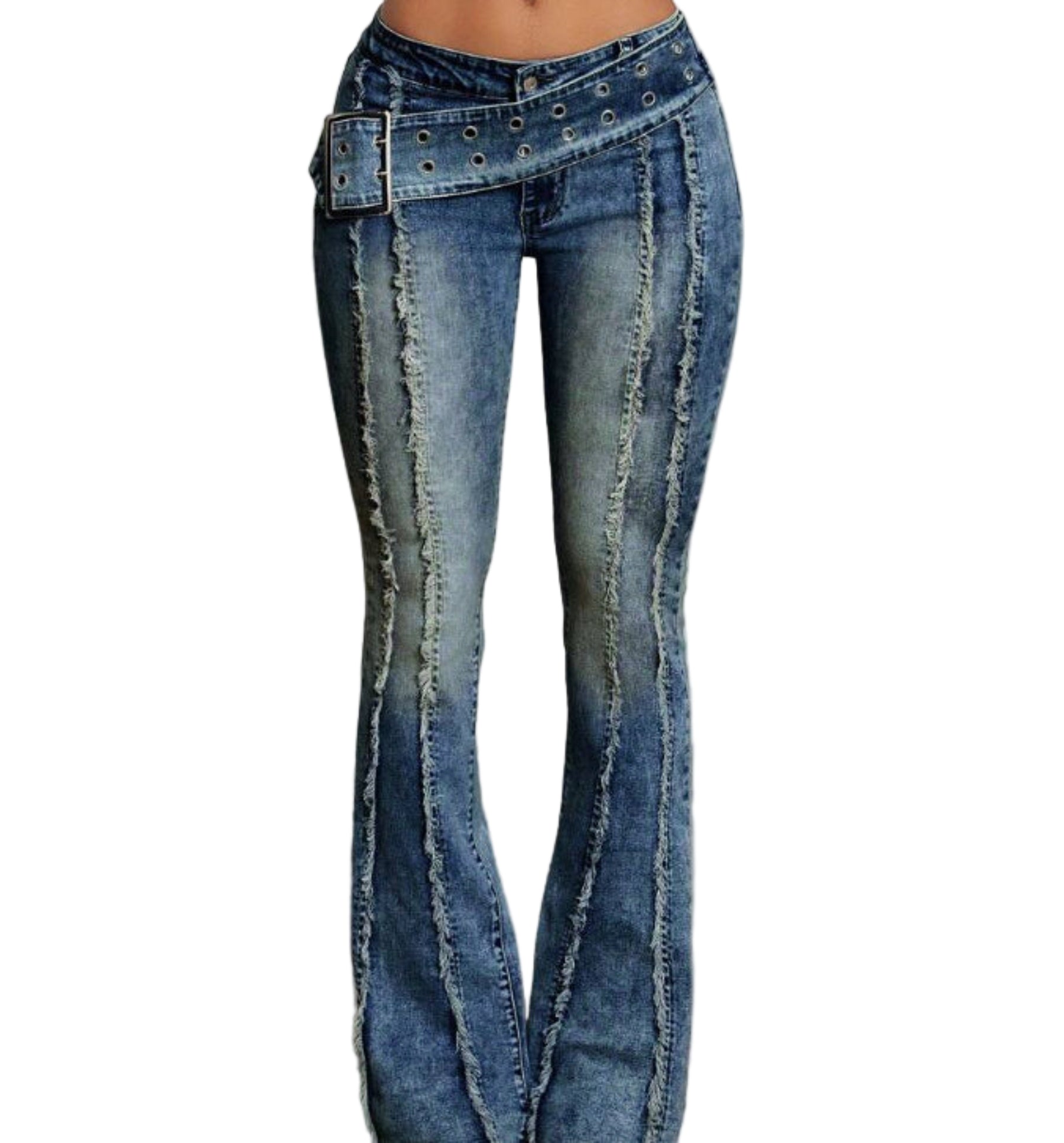 Flared jeans with decorative elements on a plain background
