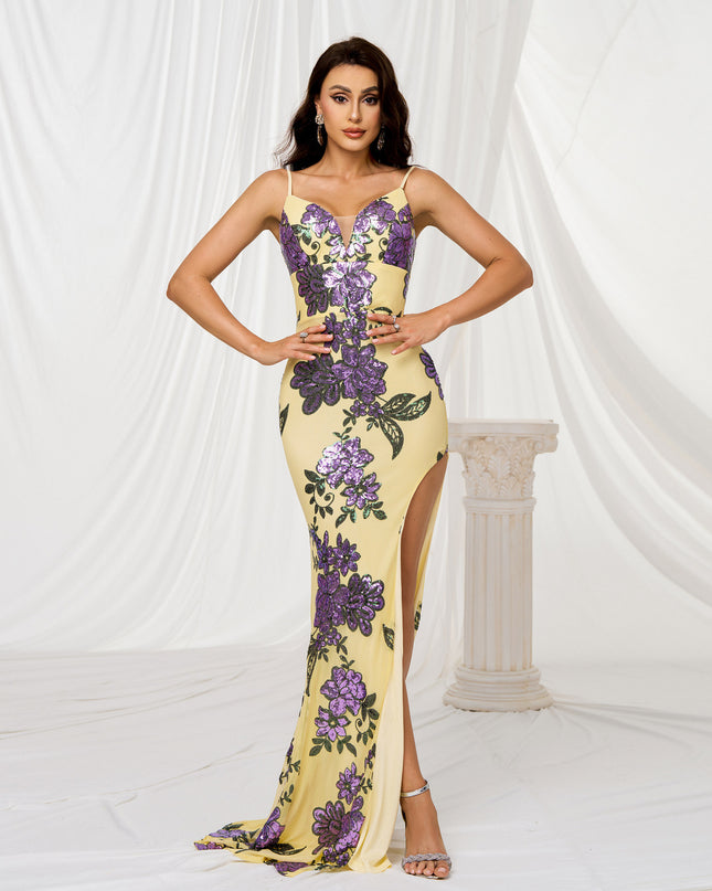 V-neck Brace Slim-fit Sheath Sequined Slit Evening Dress