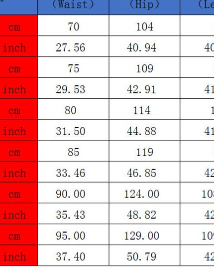 Measurement chart with waist, hip, and length measurements in centimeters and inches.