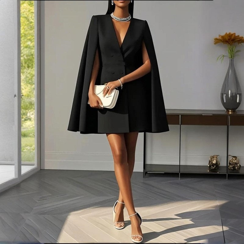 Women's Elegant Solid Color V Neck Double-Breasted Cape Blazer Dress Spring & Summer Party