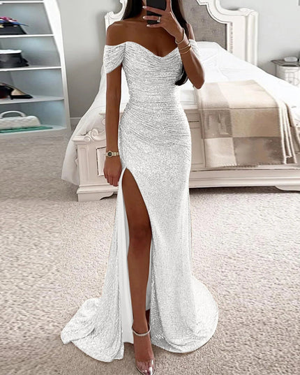 Female Creative Solid Color Sparkling Slit Dress