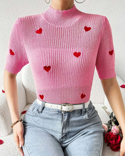Fashion High-neck Heart Knit Short Sleeve Women