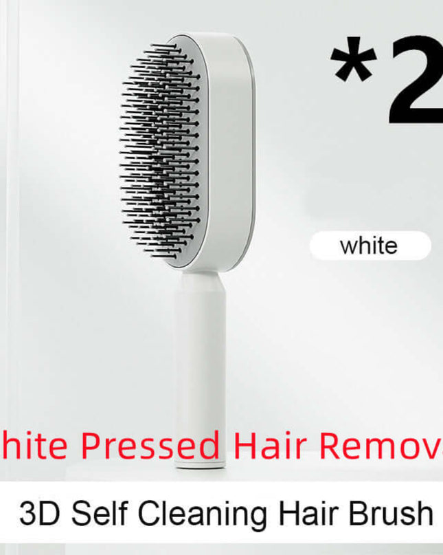 White hair removal brush with text indicating 'White Pressed Hair Removal' and '3D Self Cleaning Hair Brush'.