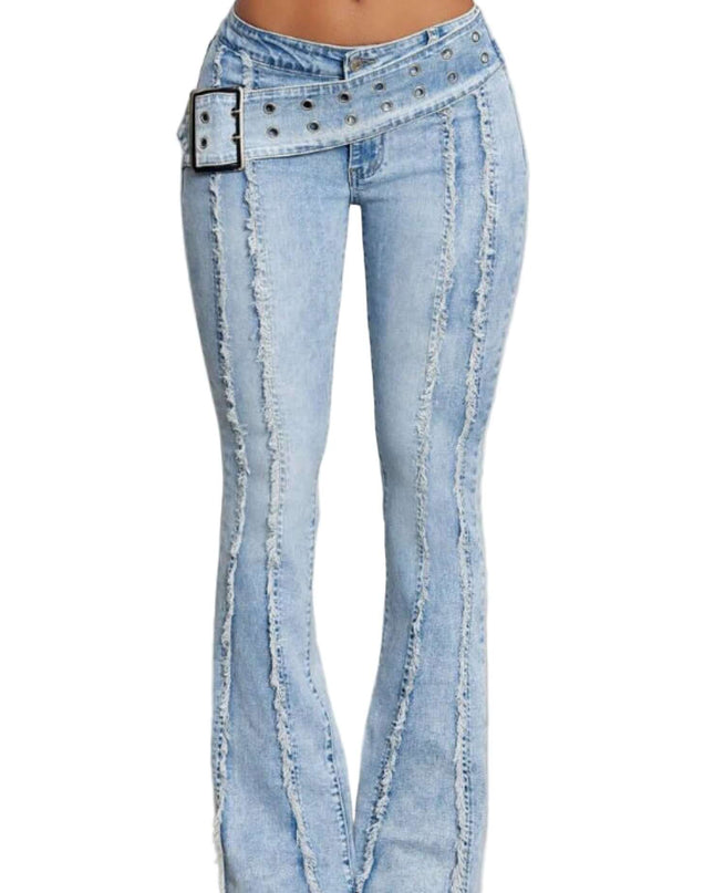 Light blue jeans with decorative belt and stitching on a neutral background