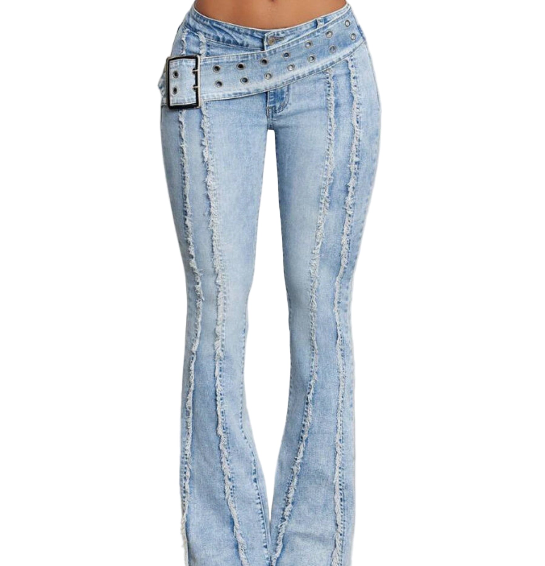 Light blue jeans with decorative belt and stitching on a neutral background