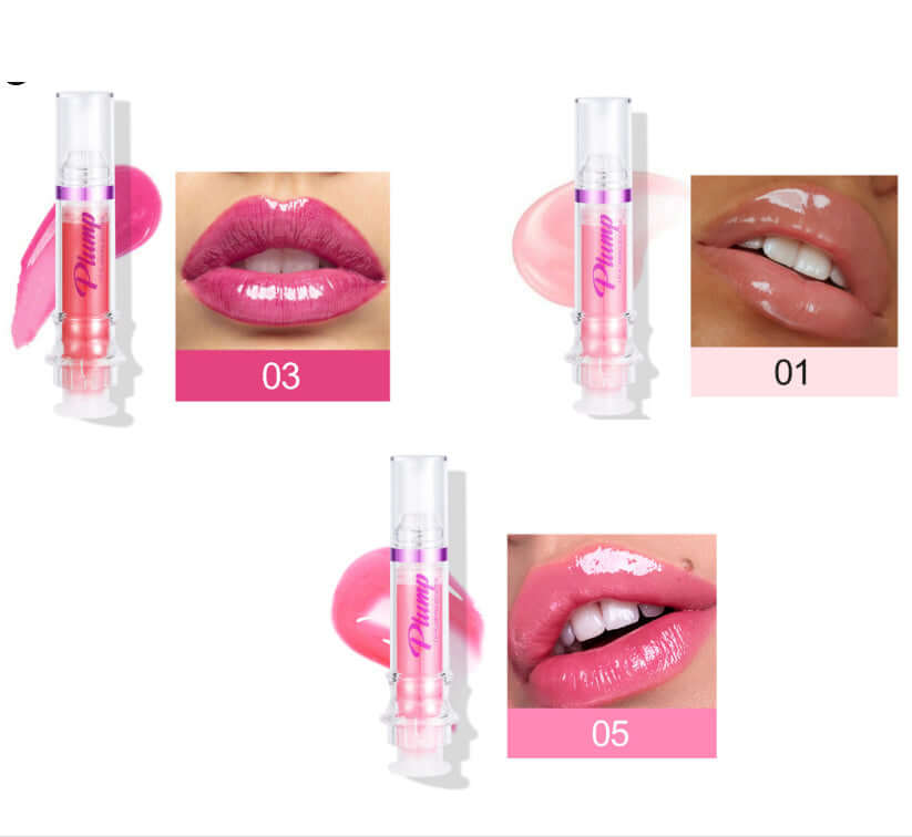 Four glossy swatches of Lip Mirror Liquid Lipstick shades 01, 03, and 05 in tubes, showcasing vibrant lip colors.