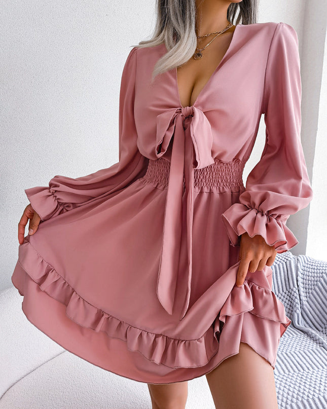 Summer Dresses Solid Color V-neck Long Sleeve Dress For Women Sexy V-neck Lace Up A-line Dress Women's Beach Dress