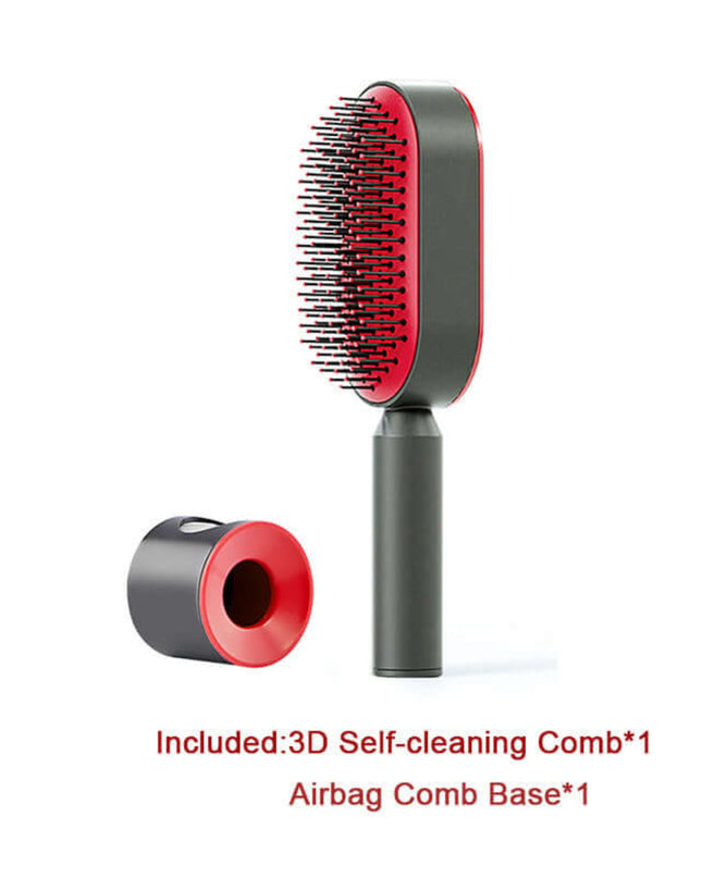 Hairbrush with red bristles and black handle on a white background, including text about included components.