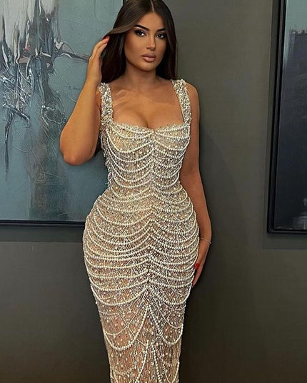 Nude Elegant Sling Light Luxury High-end Pearl Beaded Dress