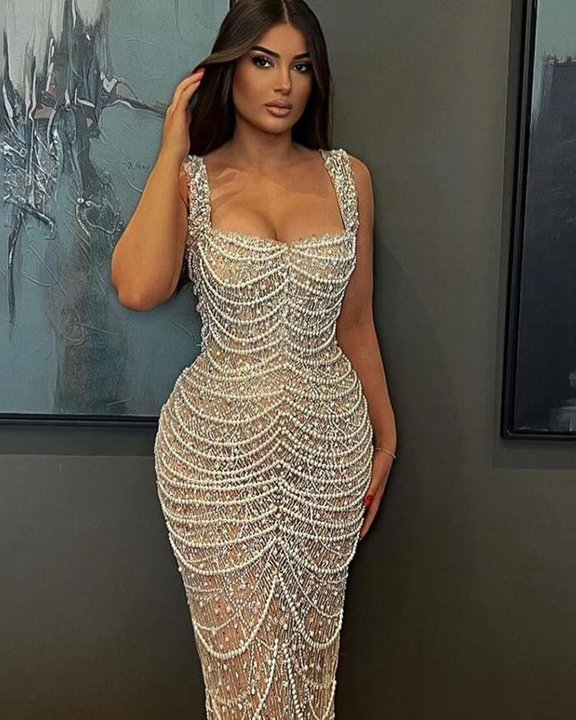 Nude Elegant Sling Light Luxury High-end Pearl Beaded Dress