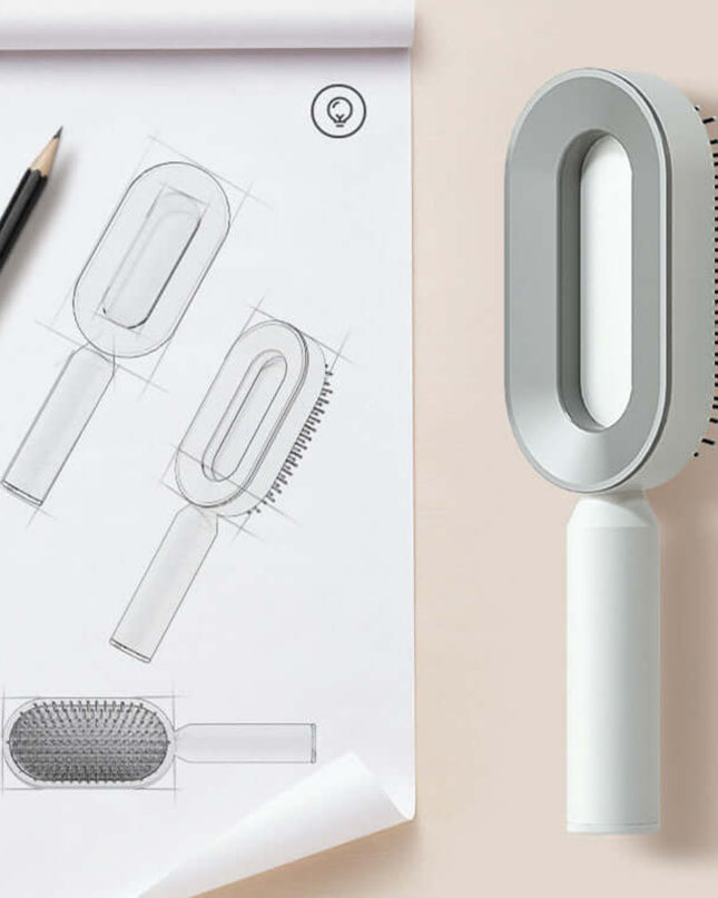 White handheld cleaning brush next to its design sketch on a beige background