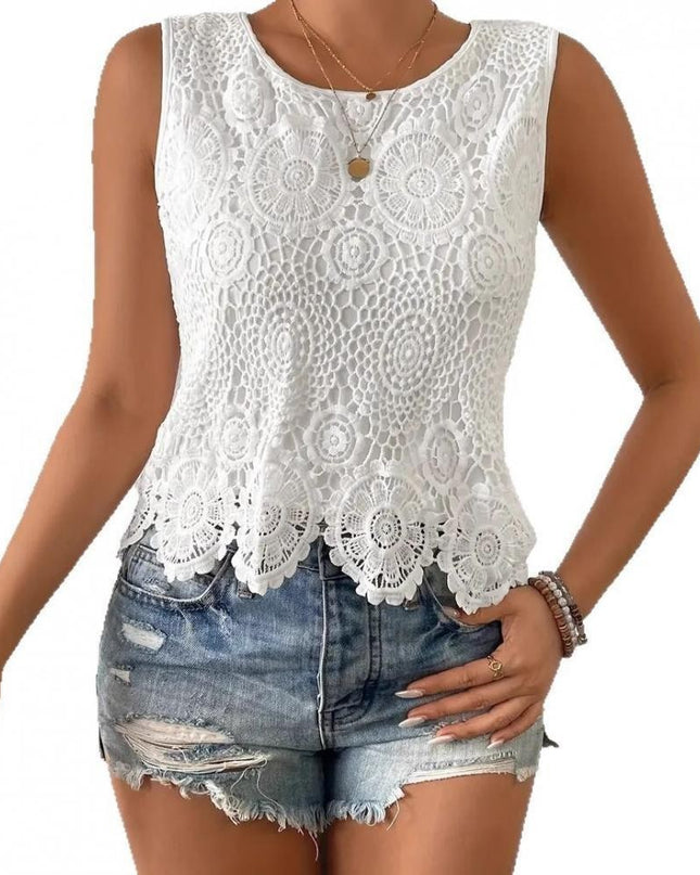 Womens Floral Lace Tank Top Sleeveless Blouse Crew Neck Hollow Out Summer Casual Shirt