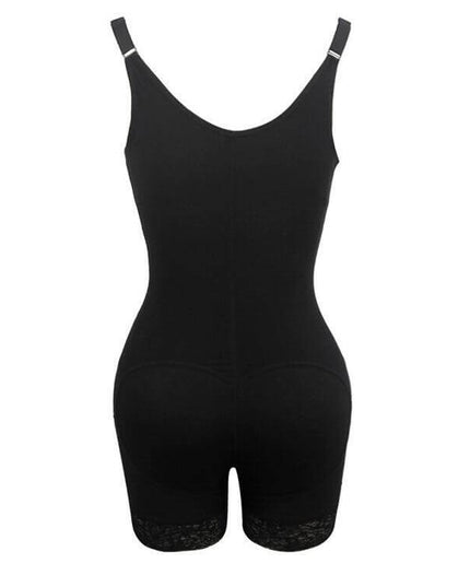 Black full body shaper bodysuit with adjustable straps and lace detailing, designed for slimming and shaping.