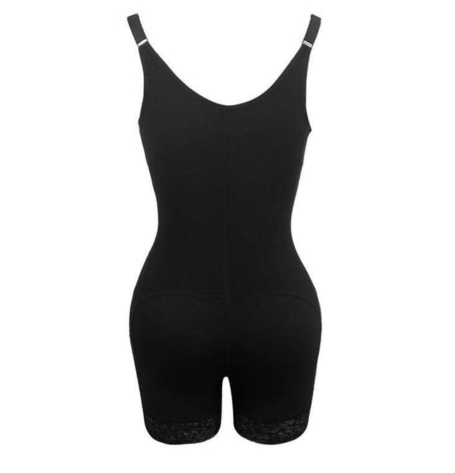 Black full body shaper bodysuit with adjustable straps and lace detailing, designed for slimming and shaping.