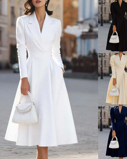 Women's V-Neck Long Sleeve Midi Dress With Pockets - Elegant Swing A-Line Party Dress For Wedding Guest