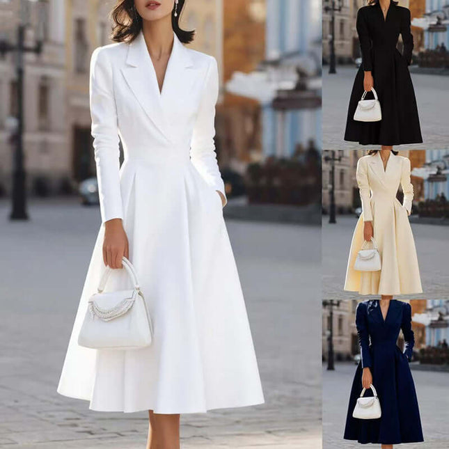 Women's V-Neck Long Sleeve Midi Dress With Pockets - Elegant Swing A-Line Party Dress For Wedding Guest