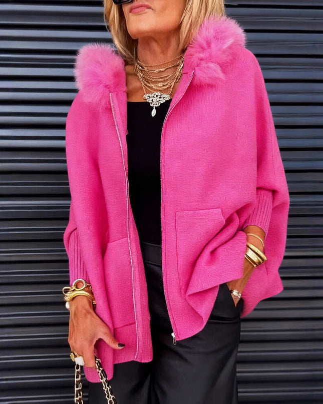 Ins Plush Hooded Cardigan Fashion Warm Pockets Zip-up Knitted Jacket Casual Outerwear Batwing Sleeve Sweater Women's Clothing