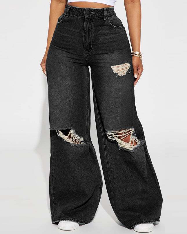 Women's wide-leg jeans in black denim with distressed details and high waist design, perfect for street hipster style.