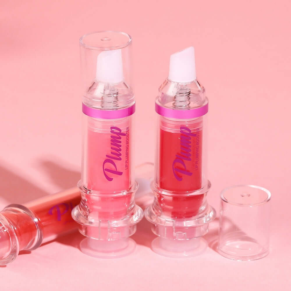 Lip Plump Booster with Chili Extract showcasing six glossy lip colors, highlighting smooth, shiny lips.