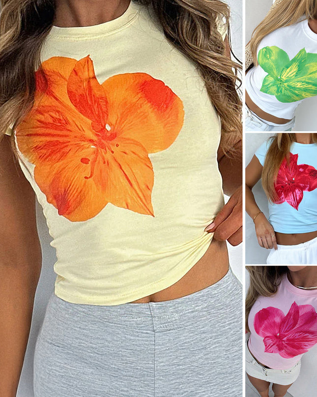 Polyester Women's Casual Slim-fit Waist Flower Printed Short-sleeved T-shirt