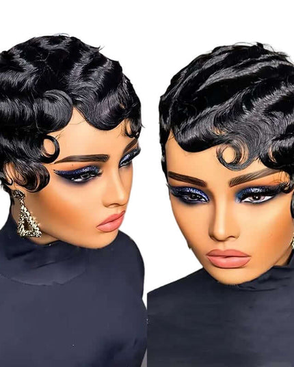 Two models wearing black wigs with '100% Human Hair' text at the top.