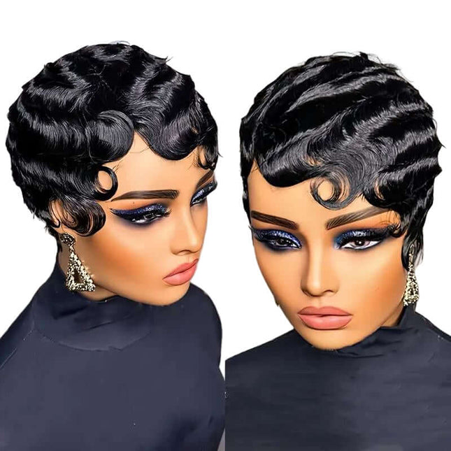 Two models wearing black wigs with '100% Human Hair' text at the top.