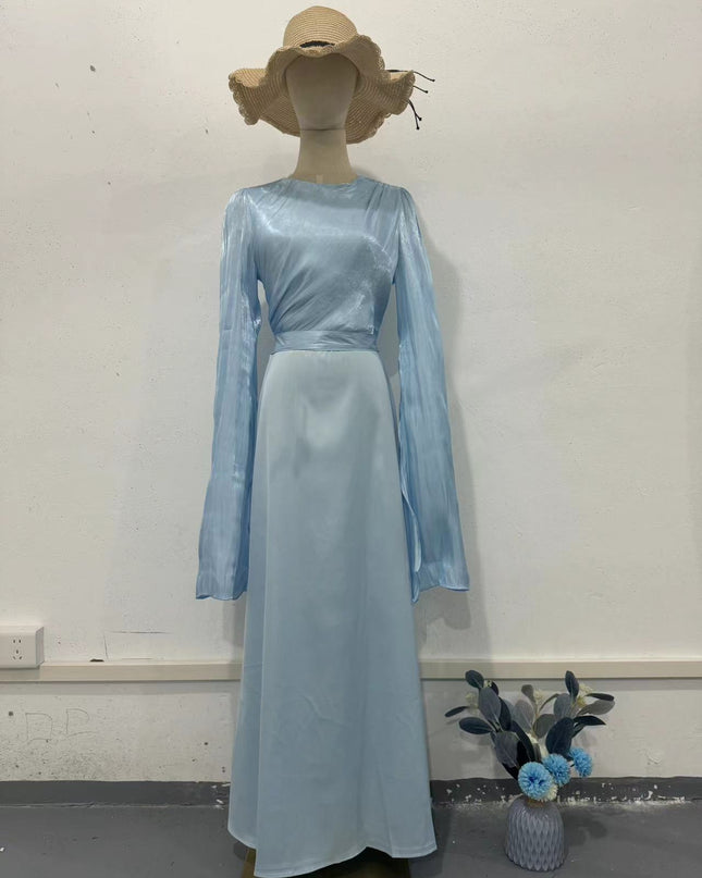 Elegant Summer Sleeve Contrast Chiffon & Satin Maxi Dress With Flared Cuffs - Slim Fit Long Dress For Women