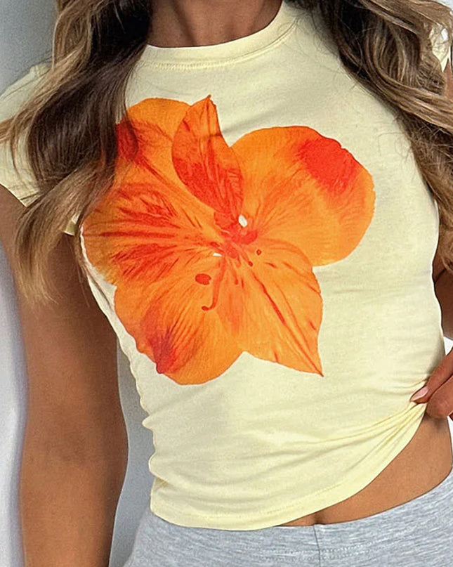 Polyester Women's Casual Slim-fit Waist Flower Printed Short-sleeved T-shirt