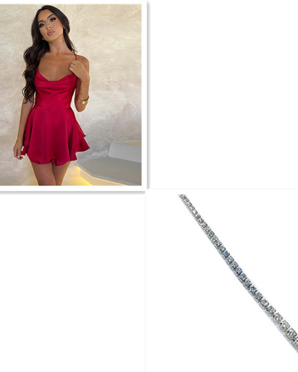 Sexy Suspender Skirt For Women Elegant Slim Strap Satin Backless Lace Up A-Line Short Dress Lady