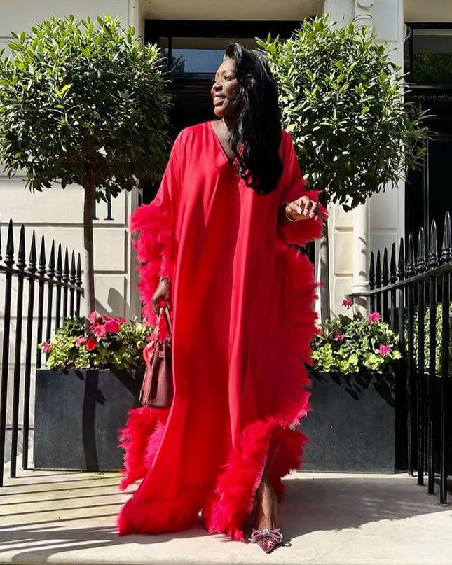 African Women's Loose Dress Luxury Fully Surrounded Light Feather Batwing Sleeve High Slit Robe