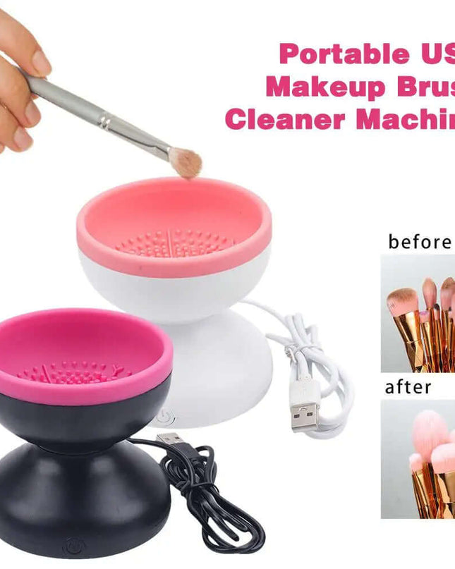 Portable USB Makeup Brush Cleaner Machine with before and after images of brushes.