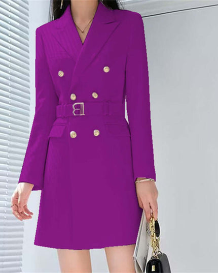 Purple coat with gold buttons worn by a person, against a neutral background