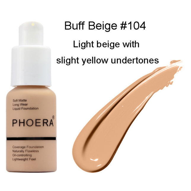 Oil control matte concealer in Buff Beige #104, light beige shade with slight yellow undertones.