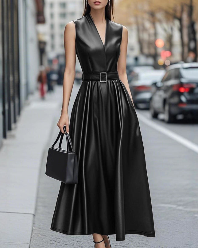 Fashionable Temperamental All-match Round Neck Sleeveless Belt Long Dress