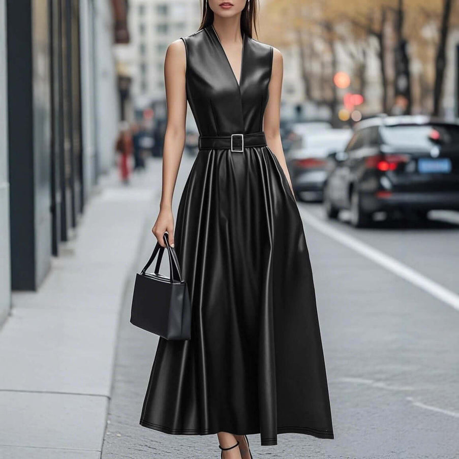 Fashionable Temperamental All-match Round Neck Sleeveless Belt Long Dress